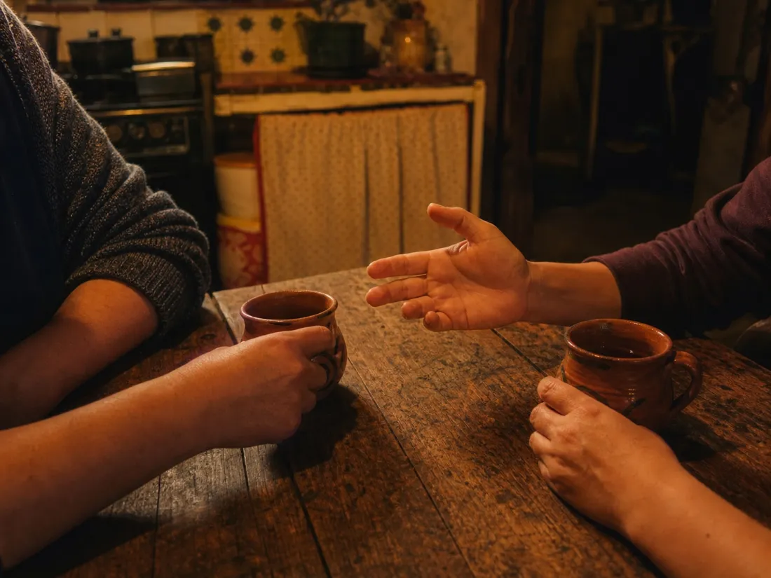 Dos personas conversando en confianza sobre una mesa de madera, de noche