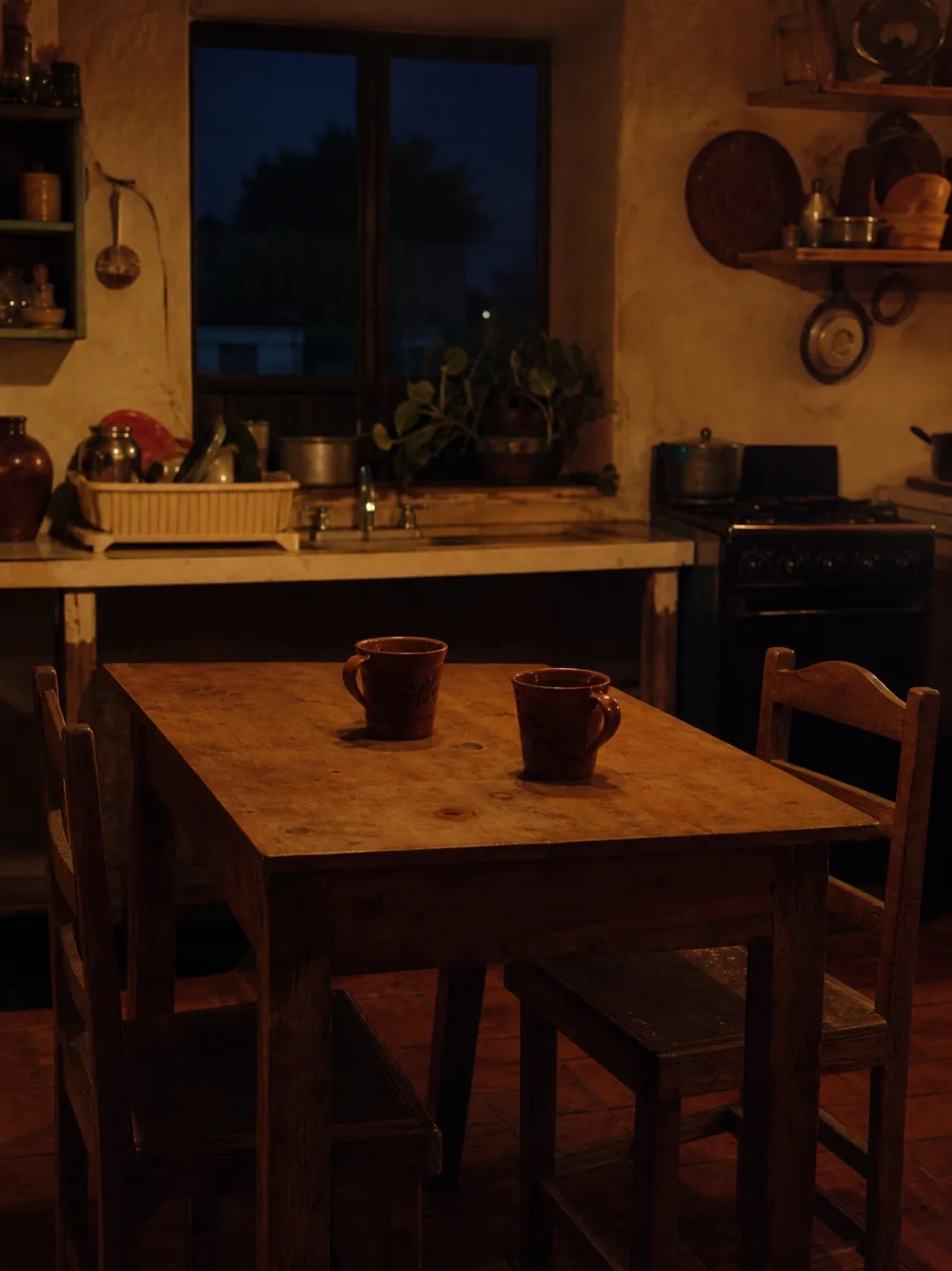 Cocina mexicana de noche, dos tazas de barro sobre la mesa
